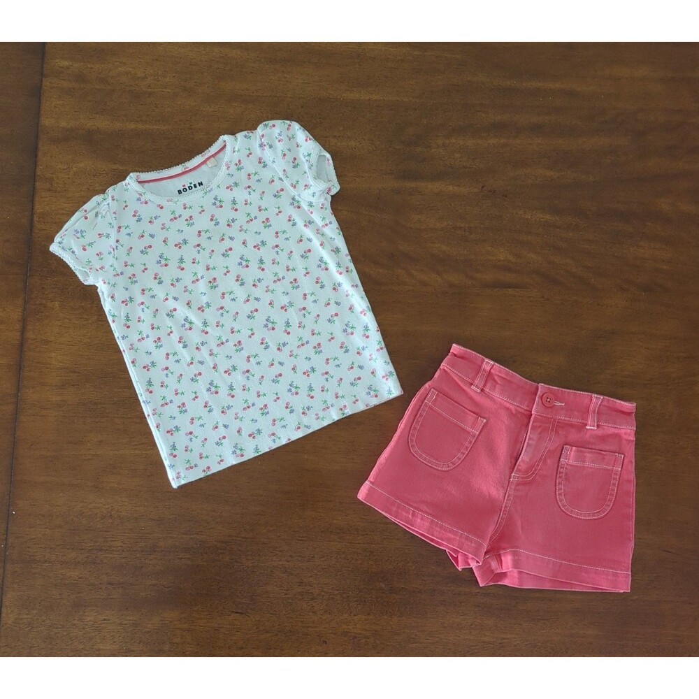 Mini Boden Girls short sleeve cotton top and red shorts set size 6 EUC